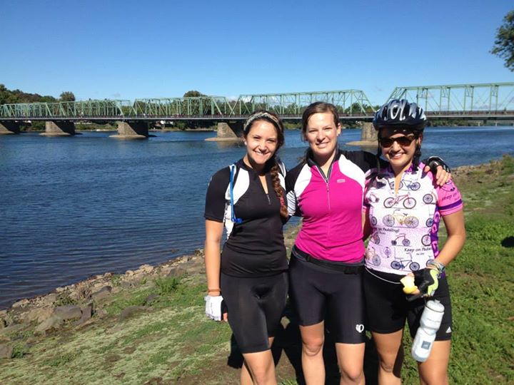 AU participants in the Climate Ride. From left: Becca Shapiro, Emily Curley, and Aliya Mejias.  