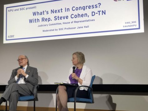 Professor Jane Hall (right) interviews Congressman Steven Cohen (left) last night.