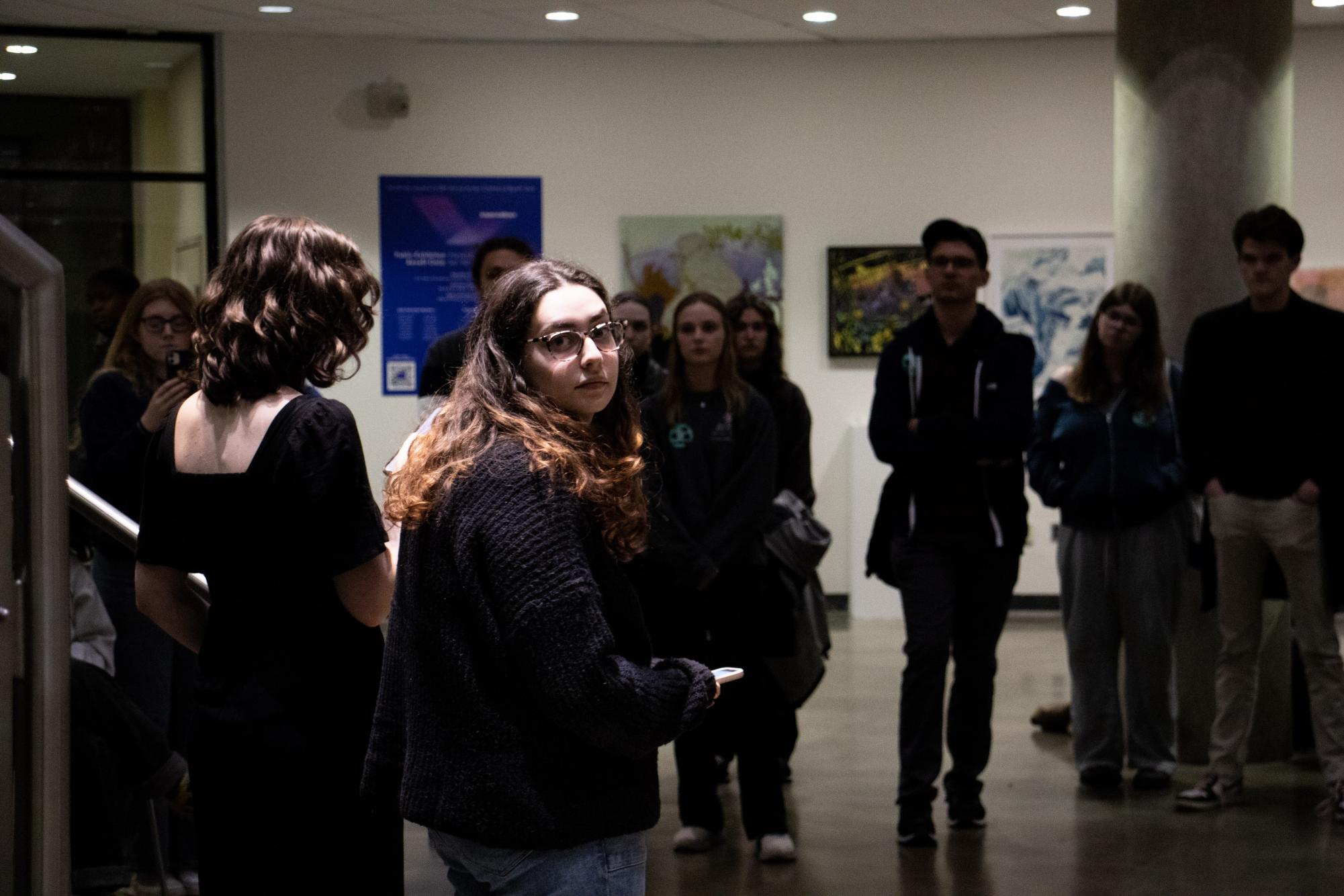 Shayna Caruso, right, and Gabriela Rupp address students at the rapid response meeting on Nov. 12, 2024.
