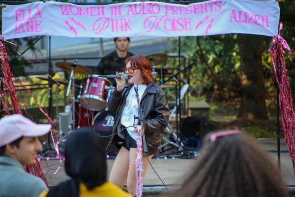 Ella Jane performs underneath the Pink Noise banner.